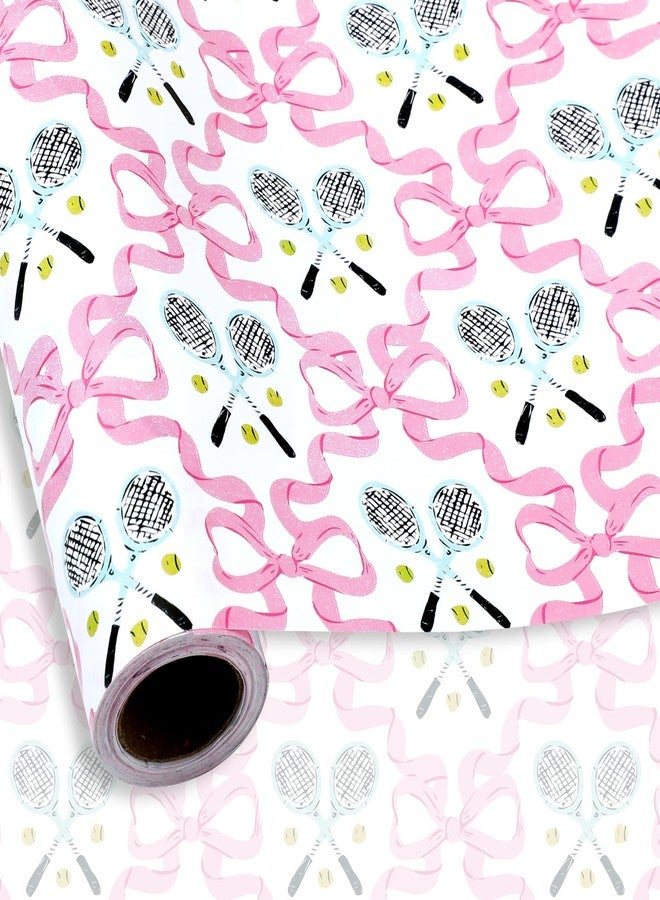 JarThenaAMCS ورق تغليف هدايا JarThenaAMCS وردي اللون بفيونكة - لفة صغيرة - 17 بوصة × 32.8 قدم، ورق تغليف هدايا على شكل مضرب تنس، ورق فني مزخرف لحفلات أعياد الميلاد والأعمال اليدوية - Image 1